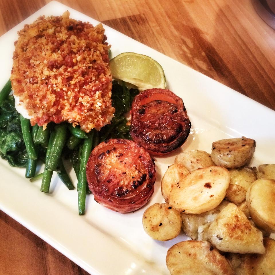 Baked Cod in a Chorizo Lime Crust with Crushed New Potatoes and Balsamic Roasted Tomatoes – 9sp