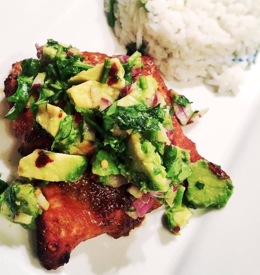 Grilled Spiced Salmon with Avocado Salsa and Coriander Lime Rice – 8sp