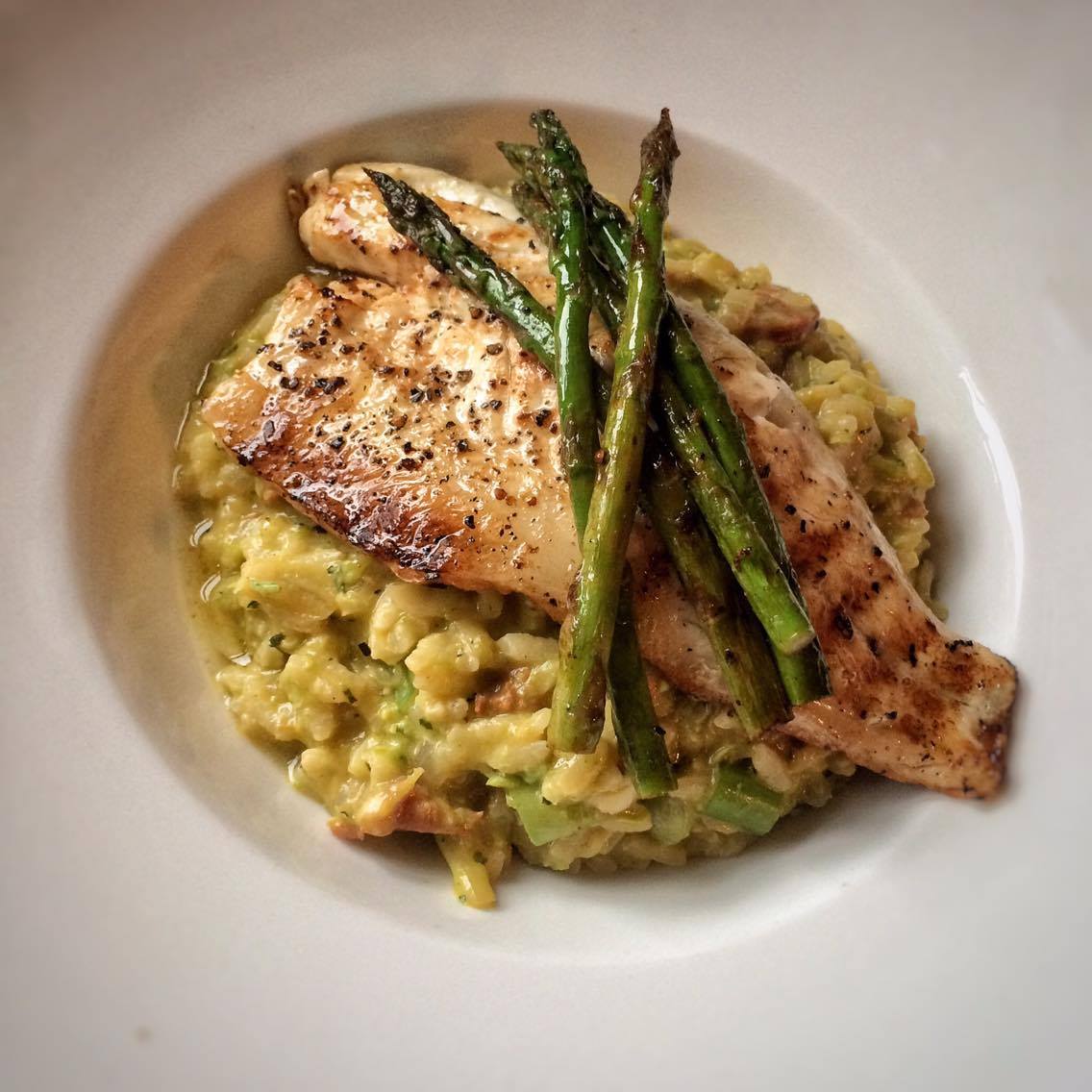 Minted Pea Risotto with Seabass and Asparagus – 10sp