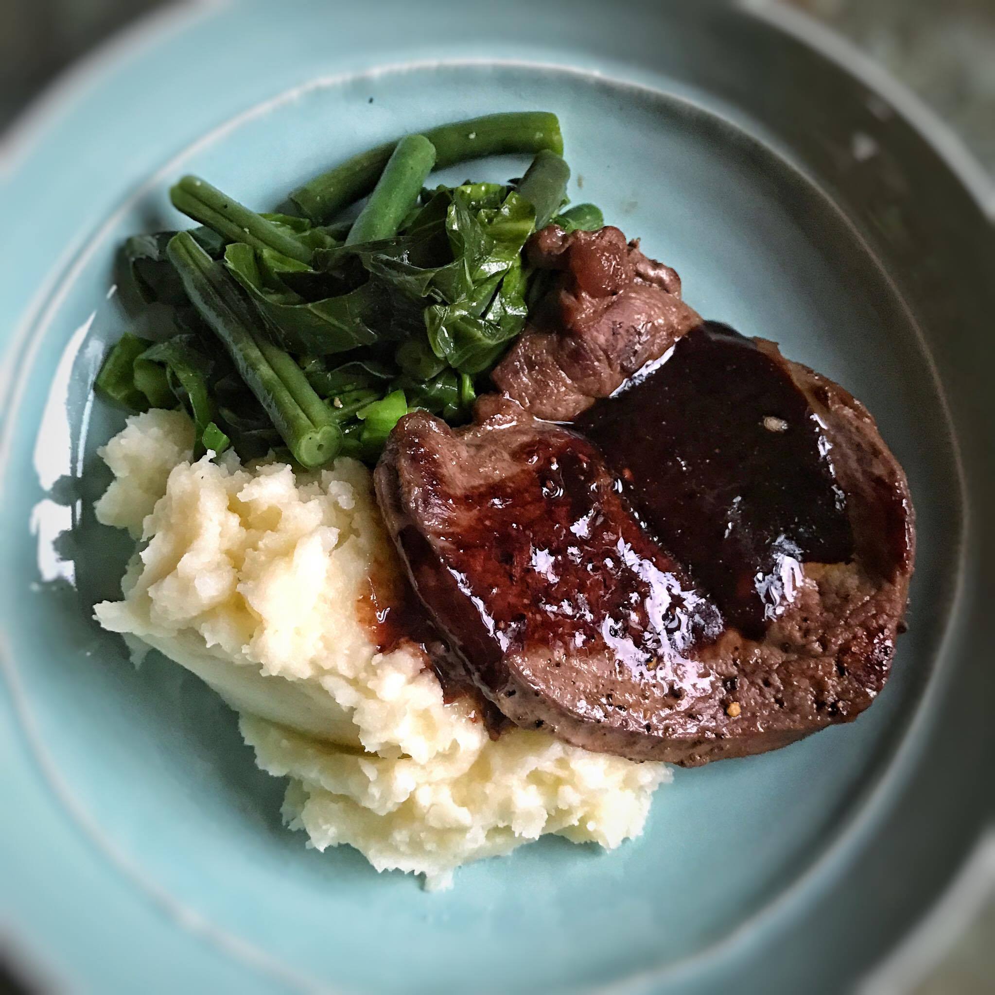 Venison Steaks with Blackberry Sauce, Creamy Mash and Greens – 9sp