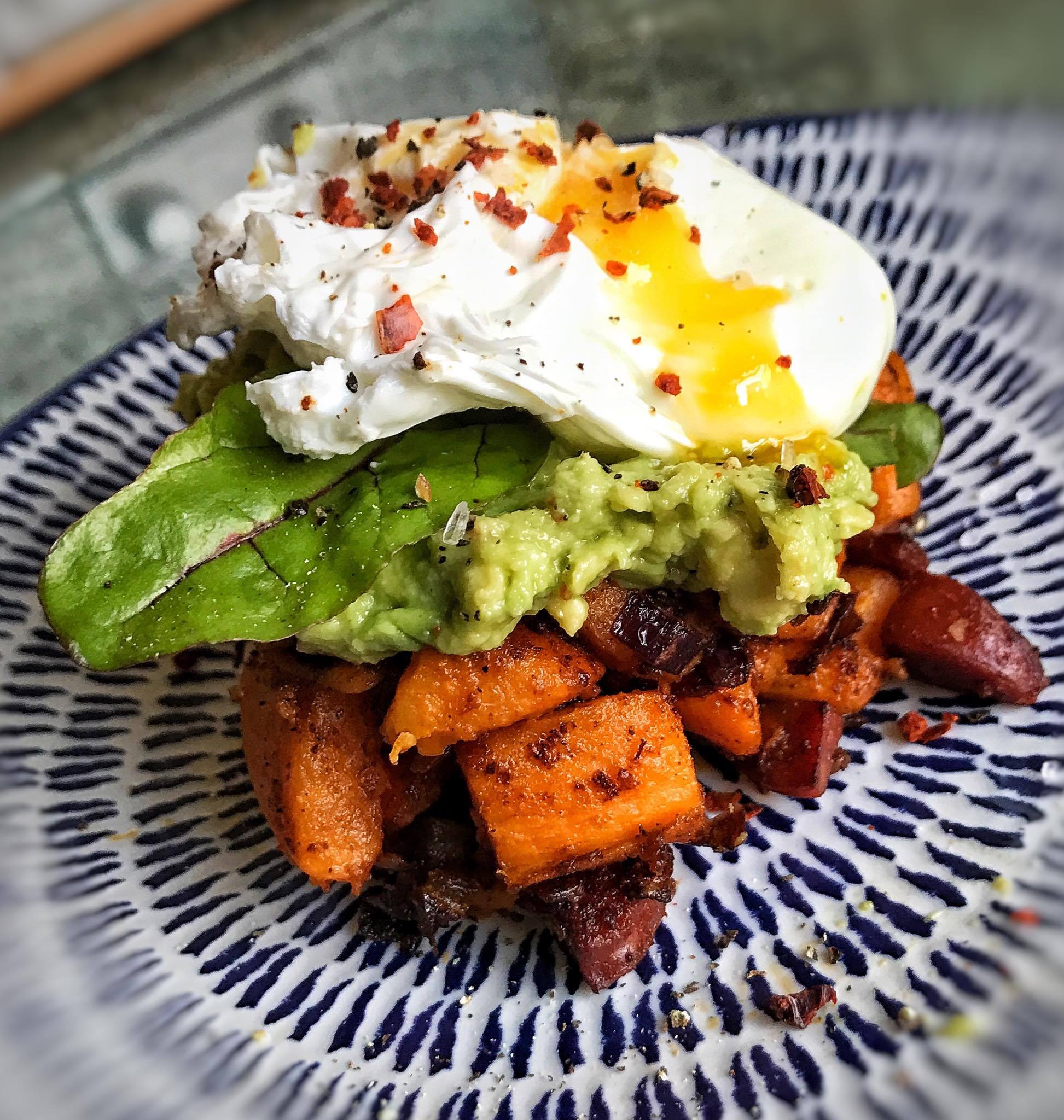 Sweet Potato, Butternut Squash and Chorizo Hash, Smashed Avocado and Poached Egg Stack – 8sp