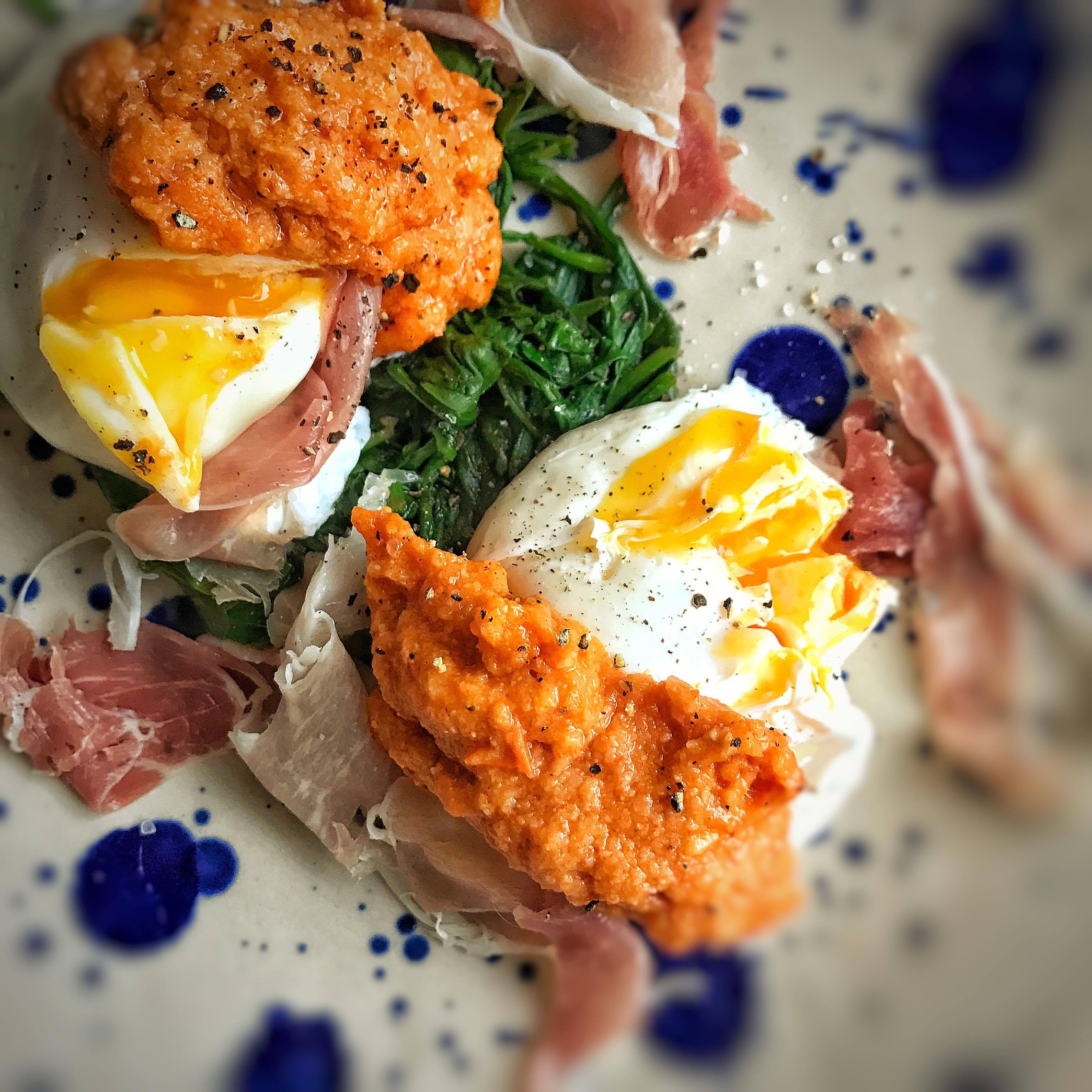 Poached Eggs with Romesco Sauce, Parma Ham, Wilted Spinach – 4sp