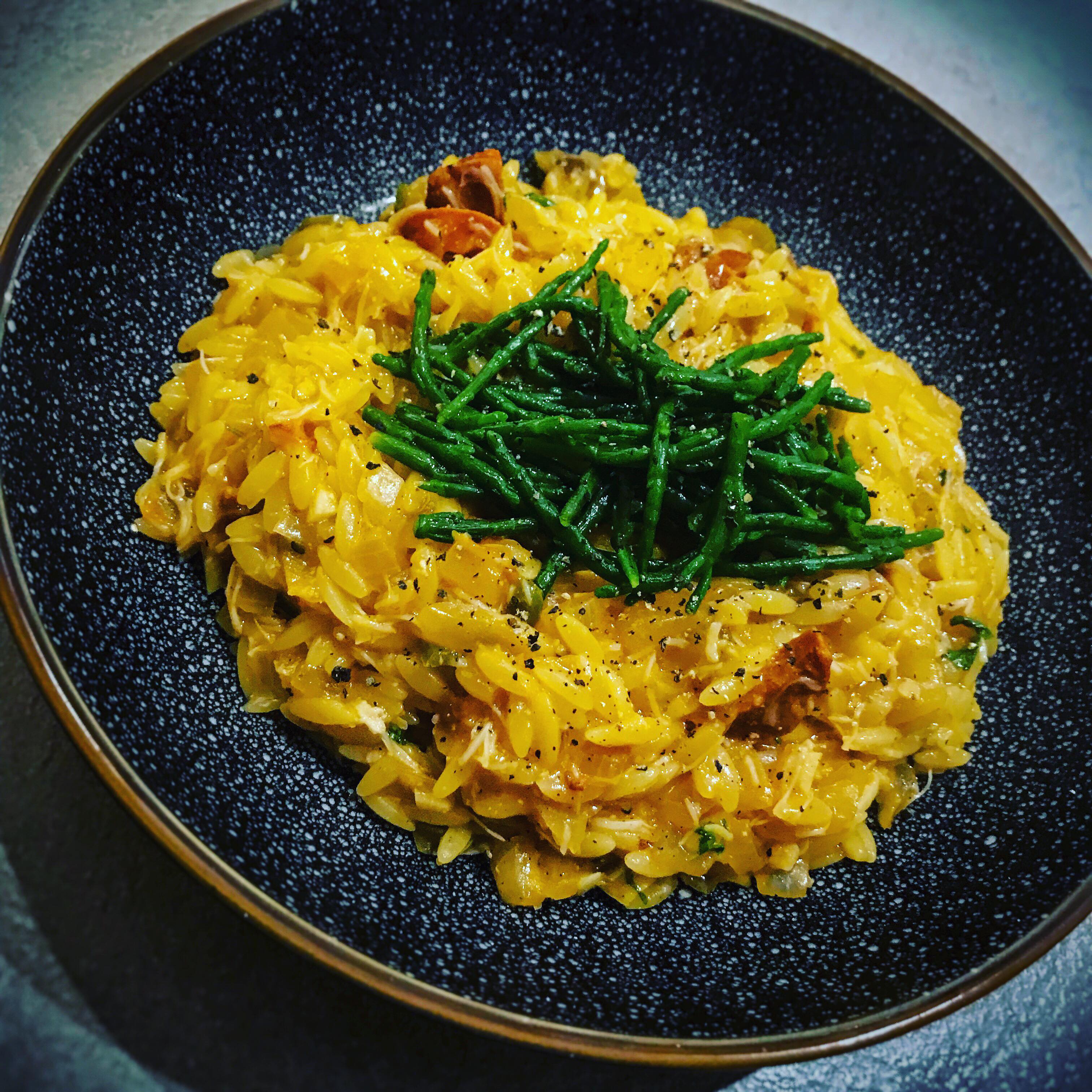 Crab, Chorizo and Chilli Orzo with Samphire – 11sp