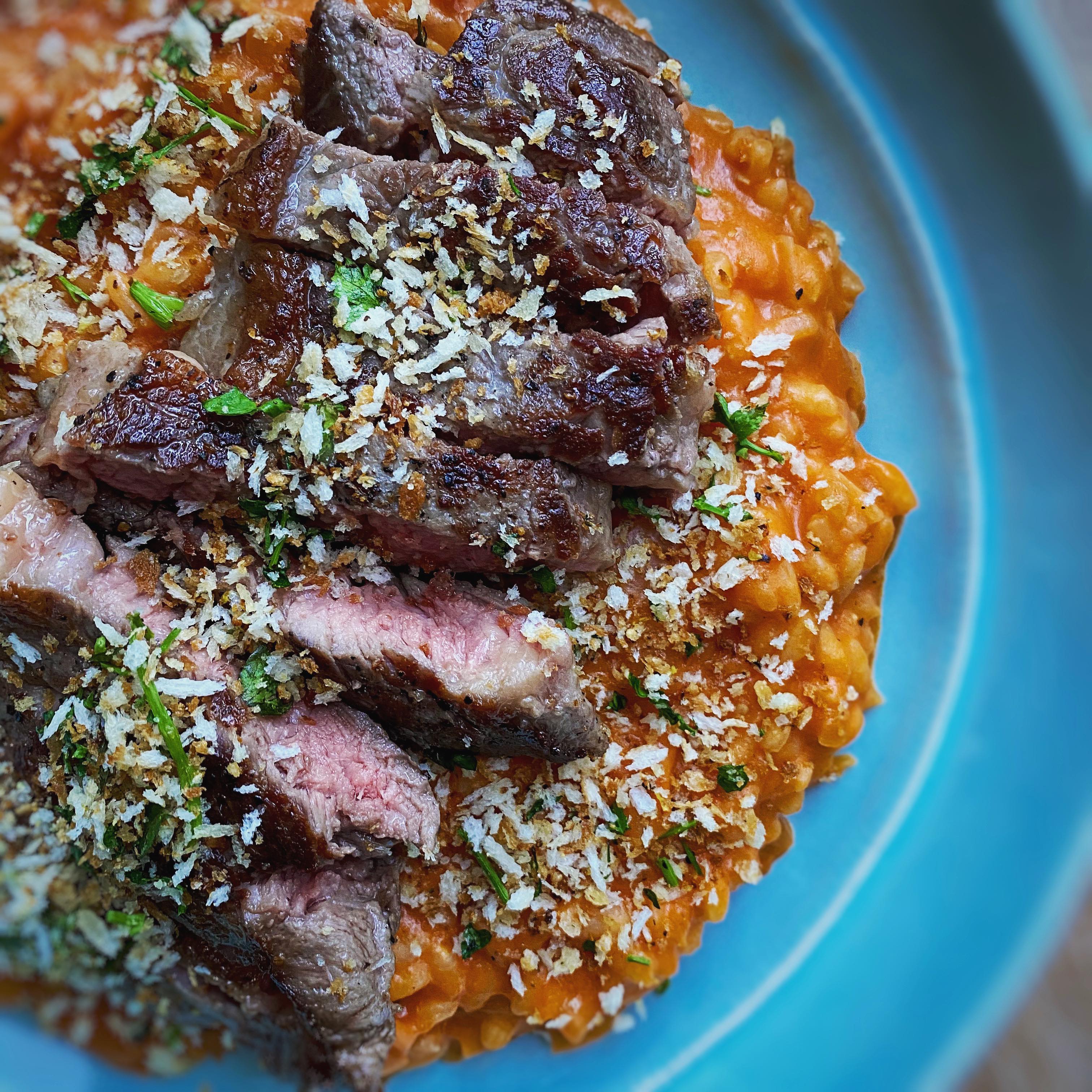 Tomato and Mascarpone Risotto with Steak and Herby Breadcrumbs