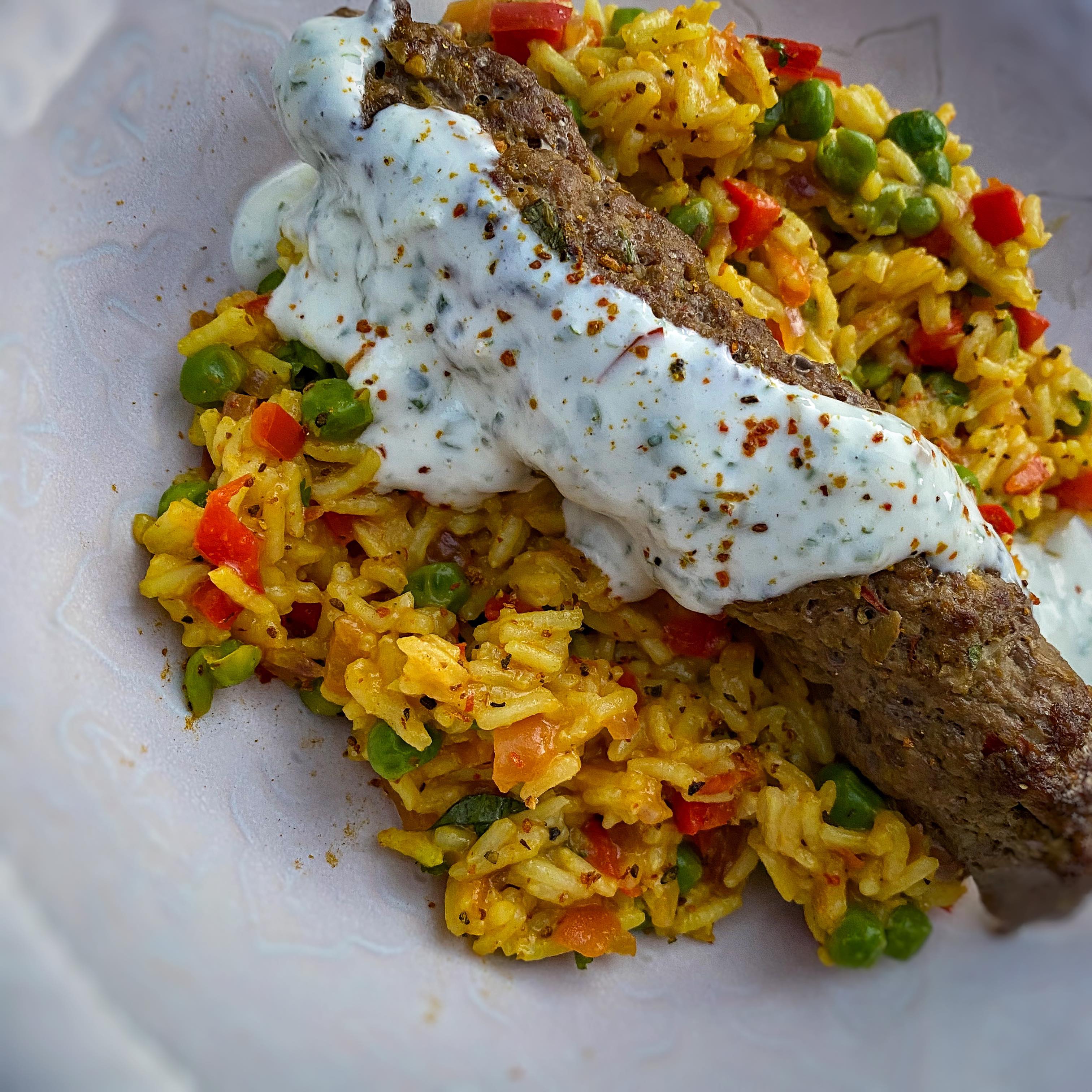 Peas Pilau with Spiced Beef Koftas and Mint Yoghurt