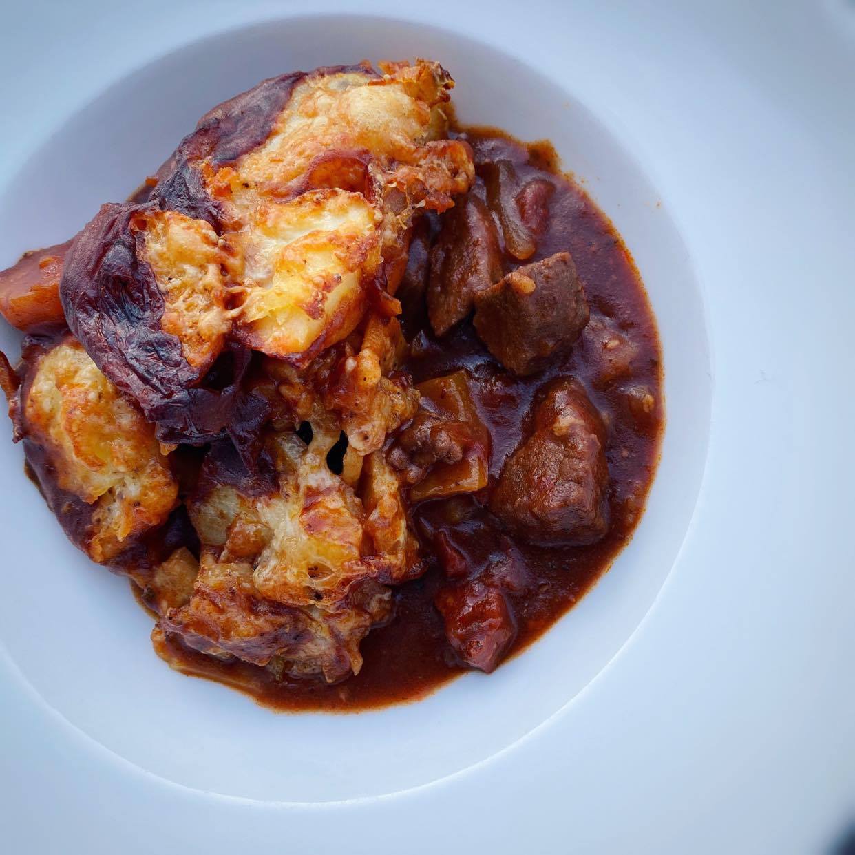 Cheesy Potato Topped Beef and Chorizo Stew