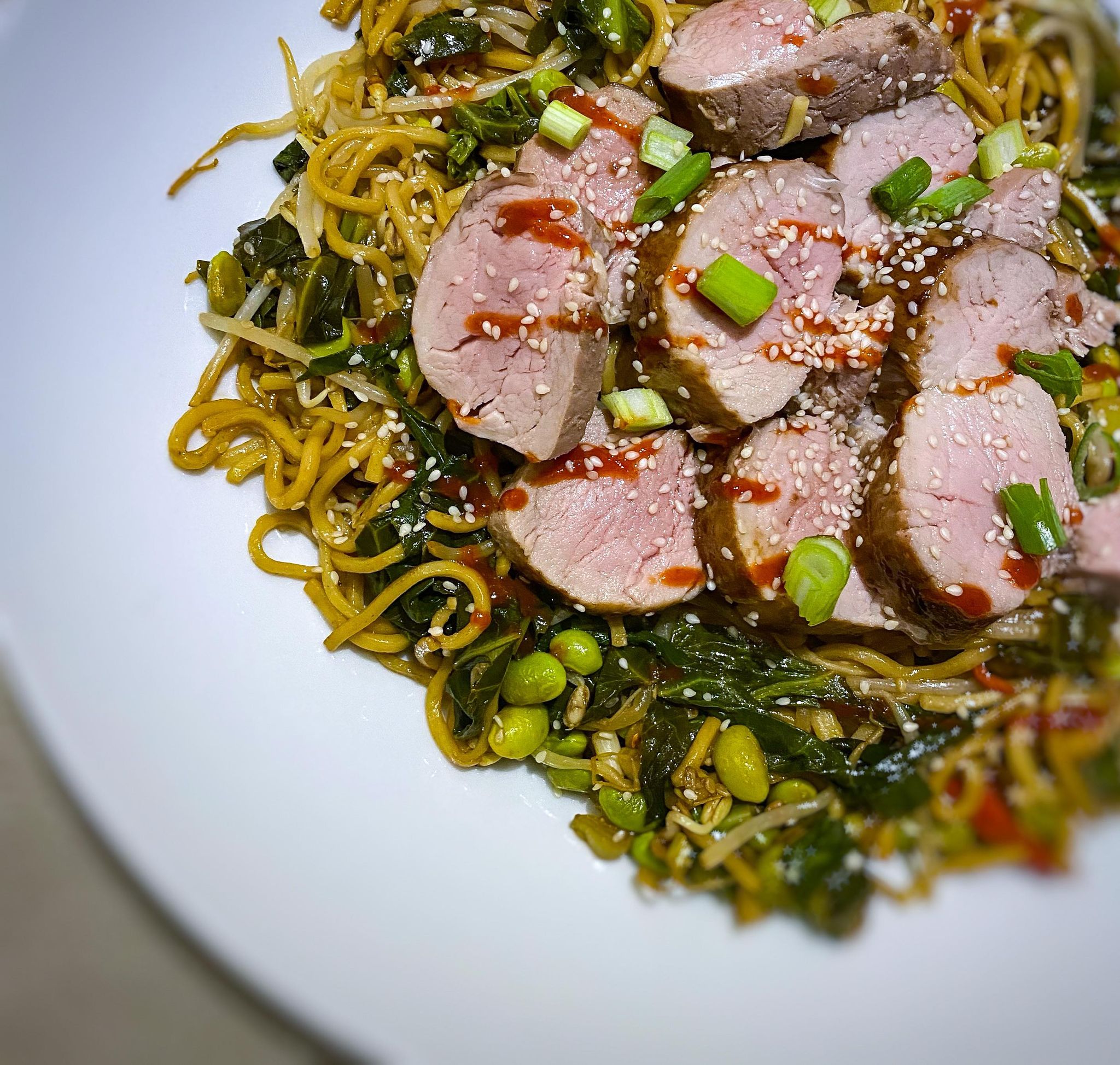 Sticky Hoisin Pork Fillet with Sesame Greens and Noodles