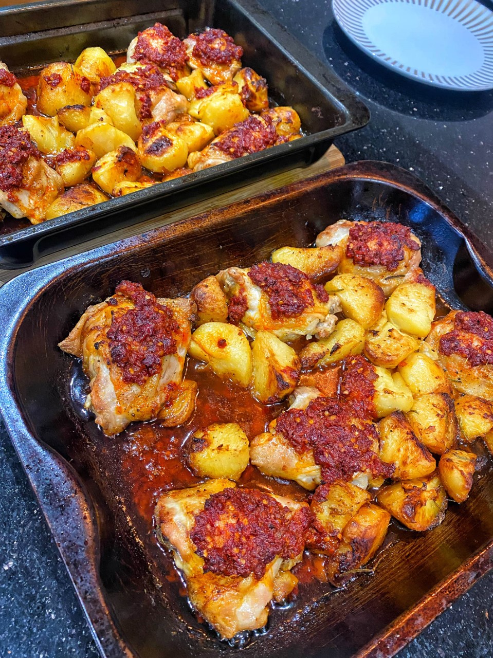 Nduja Roast Chicken Thighs with Rosemary Roast Potatoes and Garlic Lemon Greens